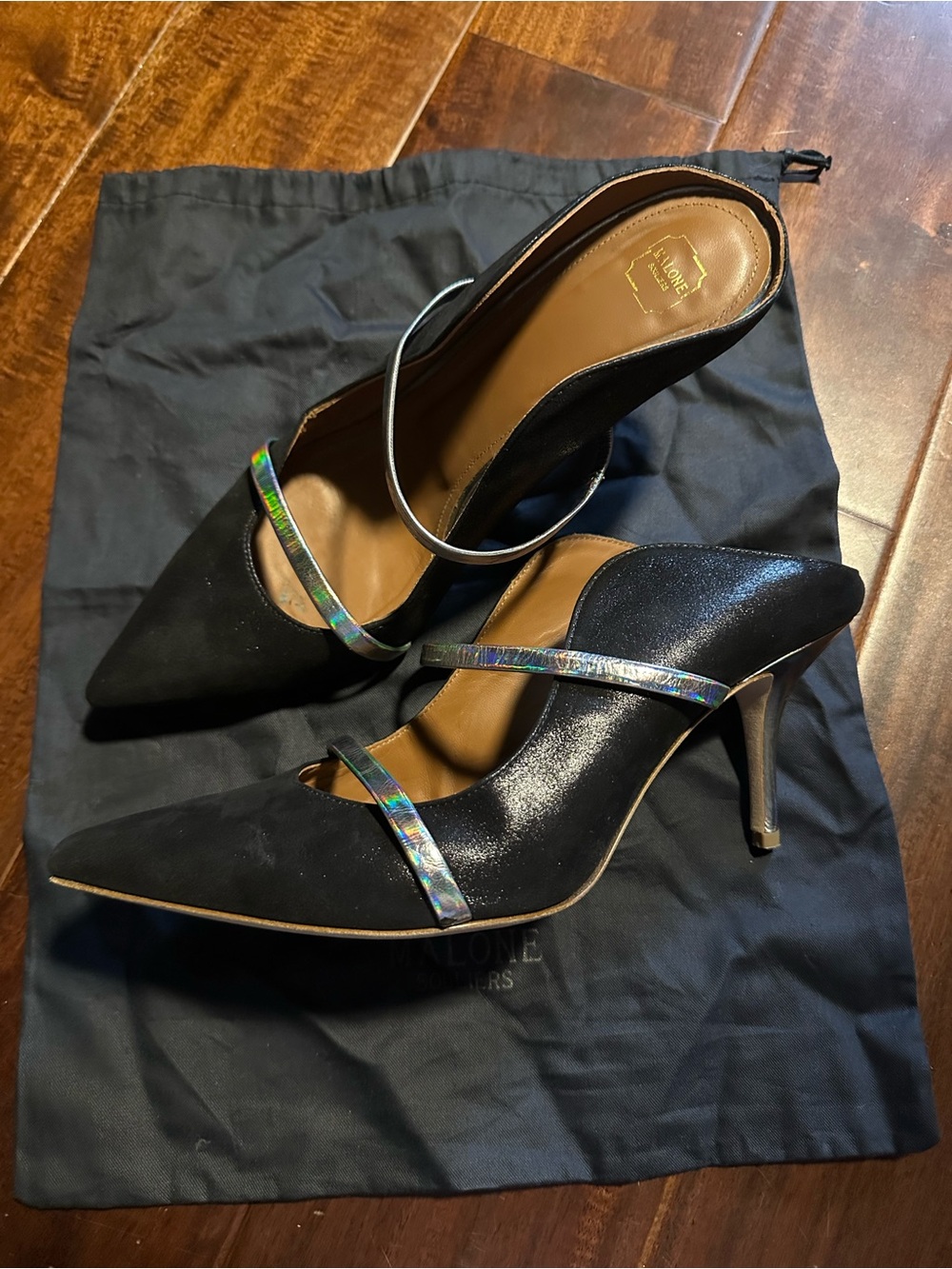 Malone Souliers Black Pointed Toe Heels with Holographic Straps - Size 41